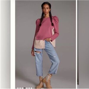 Maeve Anthropolgie XXS Sweater Layered Tunic Sweatshirt Pink Stripe Puff